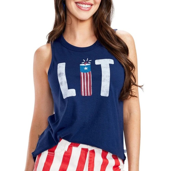 TIPSY ELVES LIT FIREWORKS PATRIOTIC TANK TOP Womens Size XL NAVY BLUE NEW - Picture 2 of 3